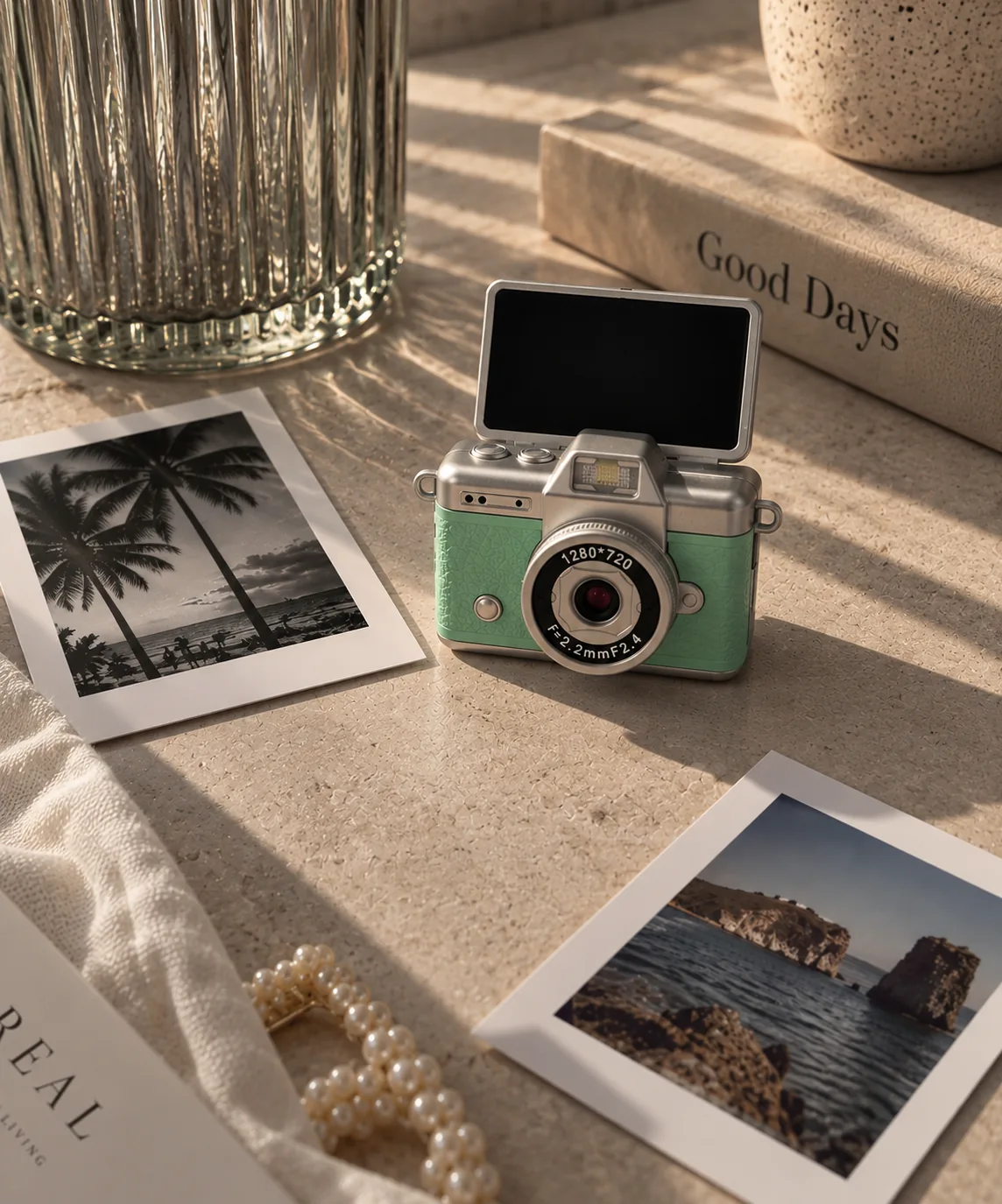 Cámara Mini menta sobre una mesa al sol, rodeada de fotos impresas con distintos revelados