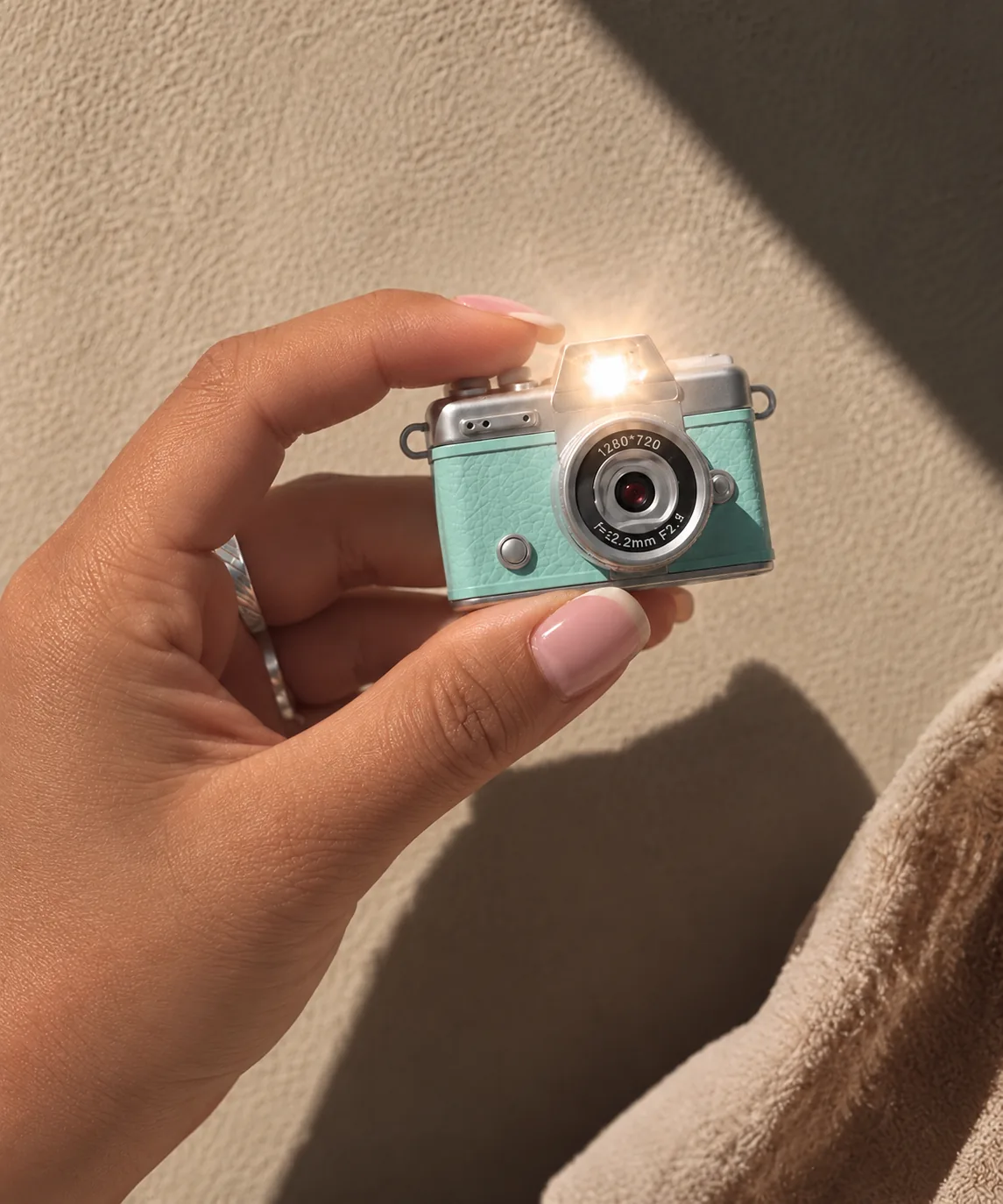 Mano sujetando la Cámara Mini menta con el flash disparado a contraluz